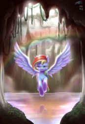 Size: 1611x2334 | Tagged: safe, artist:mrs1989, rainbow dash, pegasus, pony, cave, rainbow, reflection, solo, water