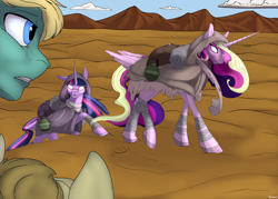 Size: 2000x1428 | Tagged: safe, artist:backlash91, princess cadance, twilight sparkle, twilight sparkle (alicorn), alicorn, pony, alternate universe, desert, fanfic in the description, female, male, mare, nomad, stallion