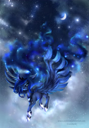 Size: 3000x4286 | Tagged: safe, artist:evanrank, princess luna, alicorn, pony, ethereal mane, female, flying, moon, night, solo, spread wings, stars, wings