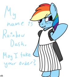 Size: 1000x1000 | Tagged: safe, artist:spritepony, derpibooru import, rainbow dash, pegasus, pony, clothes, embarrassed, maid, solo