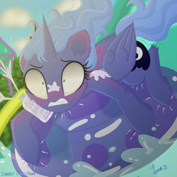 Size: 3500x3500 | Tagged: safe, artist:darkest-lunar-flower, princess luna, alicorn, pony, cute, female, inflatable, lunabetes, s1 luna, sliding, solo, sunburn, sunscreen, swimming pool, water, water park, water slide, wet, wingding eyes, woona, younger