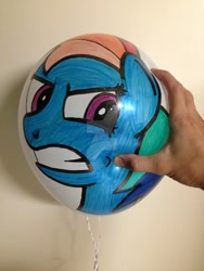 Size: 1024x1365 | Tagged: safe, artist:kckreations, derpibooru import, rainbow dash, pegasus, pony, balloon, hand, paint on balloon, photo