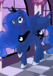 Size: 2480x3508 | Tagged: safe, artist:ronniesponies, princess luna, alicorn, pony, blushing, female, looking at you, mare, raised hoof, solo, spread wings, wings