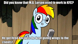 Size: 1366x768 | Tagged: safe, artist:petirep, derpibooru import, edit, rainbow dash, pegasus, pony, actually pretty funny, blue coat, dialogue, female, image macro, looking at you, m.a. larson, mare, meme, microphone, multicolored mane, multicolored tail, rainbow dash presents, rainbow's pun, smiling, solo, talking to viewer, thanks m.a. larson, truth