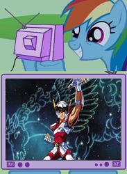 Size: 563x771 | Tagged: safe, rainbow dash, pegasus, pony, exploitable meme, meme, obligatory pony, saint seiya, tv meme