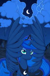 Size: 2664x4000 | Tagged: safe, artist:kas92, princess luna, alicorn, pony, cloud, crescent moon, female, looking at you, mare, moon, night, solo