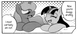 Size: 775x358 | Tagged: safe, artist:aoi takayuki, edit, princess luna, twilight sparkle, alicorn, pony, cropped, doujin, explicit source, eyes closed, monochrome, pony love 2, reaction image, smiling, translation