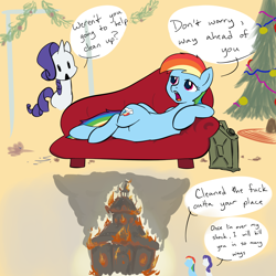 Size: 3000x3000 | Tagged: safe, artist:damnyeti, derpibooru import, rainbow dash, rarity, pegasus, pony, unicorn, arson, carousel boutique, christmas tree, death threat, dialogue, fainting couch, fire, gas can, rainbow dumb, this will end in tears and/or death, tree, vulgar