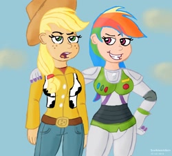 Size: 1820x1645 | Tagged: safe, artist:scobionicle99, derpibooru import, applejack, rainbow dash, human, buzz lightyear, crossover, humanized, parody, toy story, woody