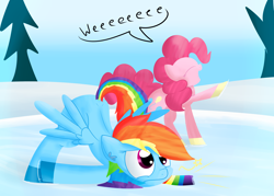 Size: 3300x2360 | Tagged: safe, artist:mr-degration, derpibooru import, pinkie pie, rainbow dash, earth pony, pegasus, pony, clothes, face down ass up, ice skating, scarf