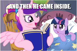Size: 1024x683 | Tagged: safe, princess cadance, twilight sparkle, unicorn twilight, alicorn, pony, unicorn, bed, bedtime story, blanket, book, bow, cadance's bedtime stories, caption, chair, detailed background, double entendre, duo, duo female, exploitable meme, female, females only, filly, filly twilight sparkle, hair bow, hoof hold, horn, image macro, looking at each other, looking up, meme, multicolored mane, open mouth, pillow, pink coat, pink wings, purple coat, purple eyes, sitting, smiling, spread wings, text, wings, younger
