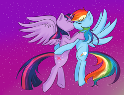 Size: 1300x1000 | Tagged: safe, artist:zaksaturday2468, rainbow dash, twilight sparkle, twilight sparkle (alicorn), alicorn, pegasus, pony, female, flying, kissing, lesbian, mare, shipping, twidash