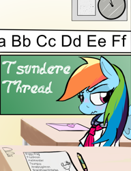 Size: 816x1062 | Tagged: safe, artist:riggyrag, derpibooru import, rainbow dash, pegasus, pony, blushing, chalkboard, clothes, female, mare, school uniform, solo, tsundere