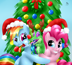 Size: 1200x1080 | Tagged: safe, artist:poneebill, derpibooru import, gummy, pinkie pie, rainbow dash, earth pony, pegasus, pony, antlers, christmas, mistletoe, pinkiedash, rudolph nose, shipping