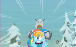 Size: 578x359 | Tagged: safe, rainbow dash, pegasus, pony, yeti, female, mare, skifree, youtube link