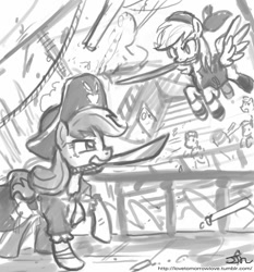 Size: 735x788 | Tagged: safe, artist:johnjoseco, derpibooru import, applejack, rainbow dash, earth pony, pegasus, pony, grayscale, monochrome, pirate, sword, weapon