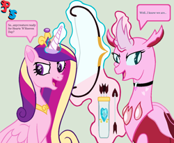 Size: 1132x928 | Tagged: safe, artist:peregrinstaraptor, princess cadance, oc, oc:carapace, alicorn, pony, arrow, bow (weapon), bow and arrow, magic, quiver, simple background, weapon