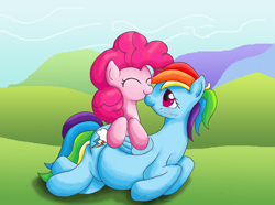 Size: 2694x2000 | Tagged: safe, artist:seenty, derpibooru import, pinkie pie, rainbow dash, earth pony, pegasus, pony, female, lesbian, magical lesbian spawn, nose wrinkle, nuzzling, offspring, pinkiedash, pregnant, shipping