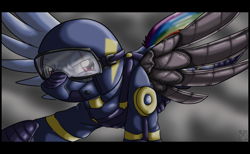 Size: 3040x1877 | Tagged: safe, artist:stormblaze-pegasus, derpibooru import, rainbow dash, pegasus, pony, the cutie re-mark, alternate timeline, apocalypse dash, crystal war timeline, goggles, helmet, mask, prosthetic limb, soldier, solo, spread wings