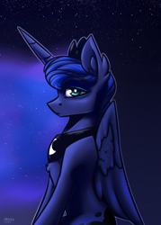 Size: 2500x3500 | Tagged: safe, artist:lrusu, princess luna, alicorn, pony, chest fluff, ethereal mane, eyeshadow, female, lidded eyes, makeup, mare, night, solo, stars