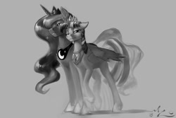 Size: 1200x800 | Tagged: safe, artist:amarynceus, princess luna, twilight sparkle, twilight sparkle (alicorn), alicorn, pony, female, freckles, gray background, grayscale, lesbian, lidded eyes, mare, monochrome, raised hoof, shipping, signature, simple background, twiluna