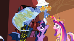 Size: 610x345 | Tagged: safe, screencap, discord, princess cadance, twilight sparkle, twilight sparkle (alicorn), alicorn, draconequus, pony, three's a crowd, angry, book, bookcase, crown, female, golden oaks library, hat, jewelry, map, mare, regalia, sunglasses