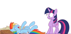 Size: 980x476 | Tagged: safe, artist:lance, rainbow dash, twilight sparkle, twilight sparkle (alicorn), alicorn, pegasus, pony, duo, eyes closed, fanfic, female, laughing, mare, on back, tumblr, twilight's fanfics