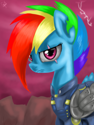 Size: 1024x1365 | Tagged: safe, artist:vanezaescobedo, derpibooru import, rainbow dash, pegasus, pony, the cutie re-mark, alternate timeline, apocalypse dash, crystal war timeline, scar, solo