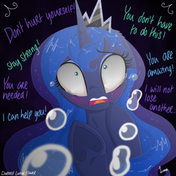 Size: 3500x3500 | Tagged: safe, artist:darkest-lunar-flower, princess luna, alicorn, pony, black background, blushing, crown, crying, depression, female, horn, jewelry, offscreen character, regalia, sad, scared, simple background, solo, story in the source, story included, underhoof