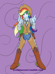 Size: 1024x1365 | Tagged: safe, artist:kasei-yoshi, derpibooru import, rainbow dash, equestria girls, belt, belt buckle, boots, chaps, clothes, cowboy boots, cowboy hat, cowgirl, finger gun, hat, jeans, pants, shirt, shoes, solo, stetson, vest, watermark, weapon