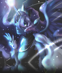 Size: 1817x2127 | Tagged: safe, artist:pamomi, princess luna, alicorn, anthro, crown, female, jewelry, looking at you, magic, mare, regalia, solo