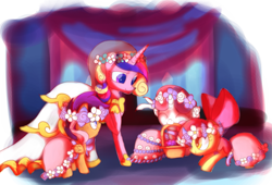 Size: 1701x1157 | Tagged: safe, artist:andromedasparkz, apple bloom, princess cadance, scootaloo, sweetie belle, alicorn, earth pony, pegasus, pony, unicorn, a canterlot wedding, bride, clothes, cutie mark crusaders, dress, female, filly, floral head wreath, flower, flower filly, flower girl, flower girl dress, marriage, smiling, wedding, wedding dress, wedding veil