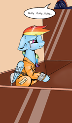 Size: 600x1024 | Tagged: safe, artist:161141, derpibooru import, rainbow dash, pegasus, pony, bound wings, chains, clothes, court, courtroom, crying, cuffs, guilty, judge, judgement, prison outfit, prisoner, prisoner rd, sad, shackles