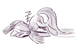 Size: 1280x749 | Tagged: safe, artist:nobody, derpibooru import, rainbow dash, pegasus, pony, monochrome, sleeping, solo, zzz