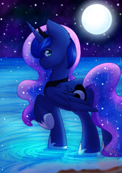 Size: 2480x3507 | Tagged: safe, artist:nana-yuka, princess luna, alicorn, pony, color porn, female, looking at you, looking back, looking back at you, mare, moon, night, raised leg, shimmer, sky, smiling, solo, standing, stars, water