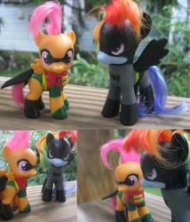 Size: 826x967 | Tagged: safe, artist:rainbownebula, rainbow dash, scootaloo, pegasus, pony, batman, batman and robin, brushable, dc comics, robin, toy