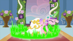 Size: 640x360 | Tagged: safe, screencap, princess cadance, queen chrysalis, alicorn, changeling, changeling queen, pony, a canterlot wedding, animated, carpet, clothes, disguise, disguised changeling, dress, eyes closed, fake cadance, female, floral head wreath, flower, flower in hair, flower pot, gif, glowing horn, hoof shoes, indoors, loop, magic, mare, solo, standing, transformation, wedding dress