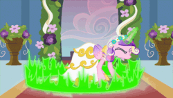 Size: 640x360 | Tagged: safe, edit, edited screencap, screencap, princess cadance, queen chrysalis, alicorn, changeling, changeling queen, pony, a canterlot wedding, animated, carpet, clothes, disguise, disguised changeling, dress, eyes closed, fake cadance, female, floral head wreath, flower, flower in hair, flower pot, gif, glowing horn, hoof shoes, indoors, magic, mare, reversed, solo, standing, transformation, wedding dress