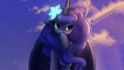 Size: 2667x1500 | Tagged: safe, artist:katputze, edit, princess luna, alicorn, pony, cloud, cloudy, covering, covering mouth, cute, female, floppy ears, flower, flower in hair, lidded eyes, lunabetes, mare, missing accessory, outdoors, raised hoof, raised leg, sky, smiling, solo, spread wings, stars, wallpaper, wallpaper edit, wings