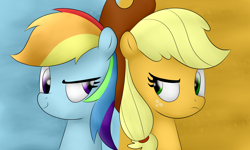 Size: 2500x1500 | Tagged: safe, artist:graytyphoon, derpibooru import, applejack, rainbow dash, earth pony, pegasus, pony, duel