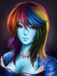 Size: 800x1067 | Tagged: safe, artist:indiron, edit, rainbow dash, cleavage, female, humanized, pony coloring, recolor, solo