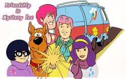 Size: 597x374 | Tagged: safe, derpibooru import, applejack, fluttershy, pinkie pie, rainbow dash, rarity, twilight sparkle, human, car, crossover, daphne blake, fred jones, humanized, mystery inc, mystery machine, recolor, scooby doo, shaggy rogers, van, velma dinkley