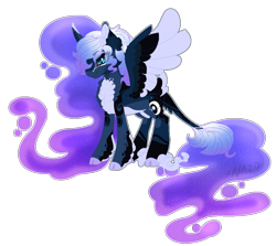 Size: 1035x923 | Tagged: safe, artist:owl-clockwork, princess luna, alicorn, pony, alternate design, base used, chest fluff, cloven hooves, coat markings, colored wings, colored wingtips, curved horn, ethereal mane, female, leonine tail, mare, redesign, simple background, solo, starry mane, transparent background, unshorn fetlocks