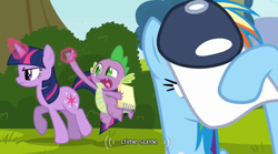 Size: 640x355 | Tagged: safe, screencap, rainbow dash, spike, twilight sparkle, dragon, pegasus, pony, crime scene, youtube caption