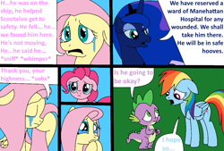 Size: 1001x678 | Tagged: safe, artist:didgereethebrony, fluttershy, pinkie pie, princess luna, rainbow dash, spike, alicorn, dragon, earth pony, pegasus, pony, comic:wreck of the renaissance, crying, tears of pain