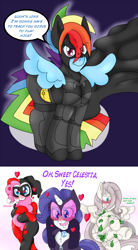 Size: 1968x3556 | Tagged: safe, artist:blackbewhite2k7, derpibooru import, fluttershy, pinkie pie, rainbow blitz, rainbow dash, rarity, earth pony, pegasus, pony, unicorn, ask, ask the gothamville sirens, batman, catwoman, comic, crossover, discorded, female, flutterbitch, flutterblitz, flutterdash, fluttertsun, half r63 shipping, harley quinn, heart, male, pinkie quinn, pinkieblitz, pinkiedash, poison ivy, poison ivyshy, rainbow blitz gets all the mares, rariblitz, raricat, raridash, rule 63, shipping, straight, stuttering, tsundere, tumblr