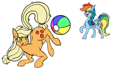 Size: 1920x1080 | Tagged: safe, artist:megamanhxh, derpibooru import, applejack, rainbow dash, earth pony, pegasus, pony, ball, cute, playing