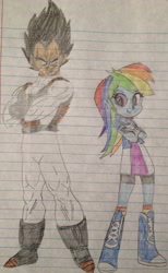 Size: 1974x3203 | Tagged: safe, artist:slayguy, derpibooru import, rainbow dash, equestria girls, crossed arms, crossover, dragon ball z, drawing, monochrome, vegeta