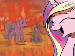 Size: 640x480 | Tagged: safe, edit, edited screencap, idw, screencap, megan williams, princess cadance, wind whistler, alicorn, pony, g1, the magic coins, cadance laughs at your misery, exploitable meme, megan's fire, meme, obligatory pony, sad