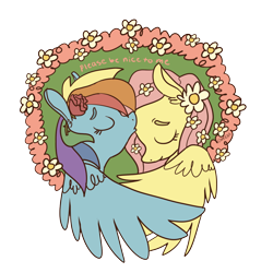 Size: 900x900 | Tagged: safe, artist:comickit, fluttershy, rainbow dash, pegasus, pony, female, floral head wreath, flower, flutterdash, kissing, lesbian, shipping